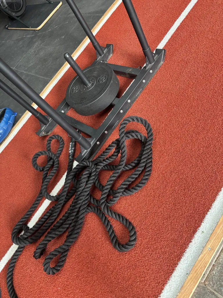 Sled en battle rope op de sprintbaan
